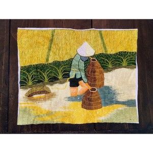 Vintage Hand Embroidered Rice Paddy Scene